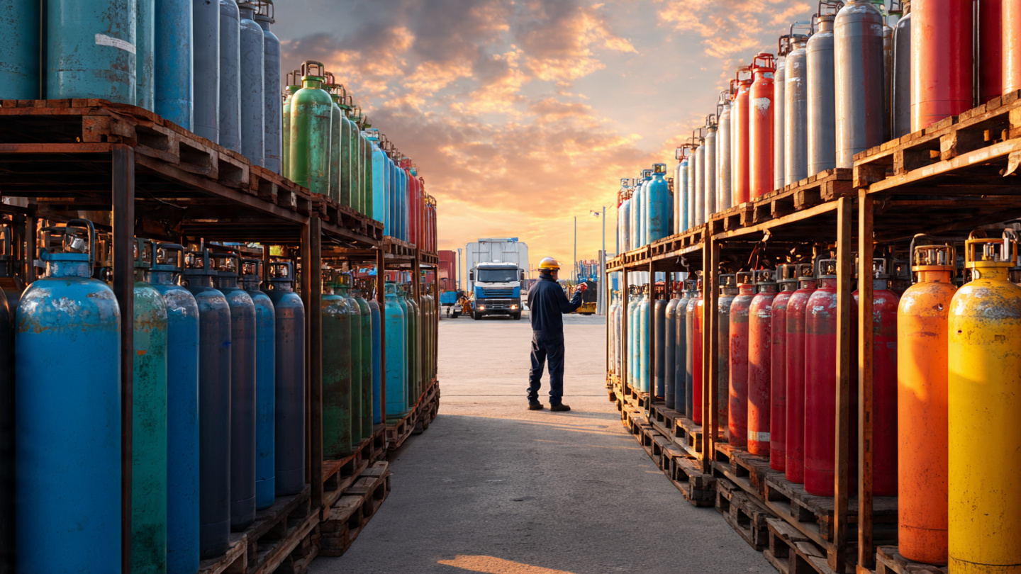 Industrial gas cylinder yard with rows of colored steel cylinders in racks and a worker scanning barcodes at a welding supply distributor