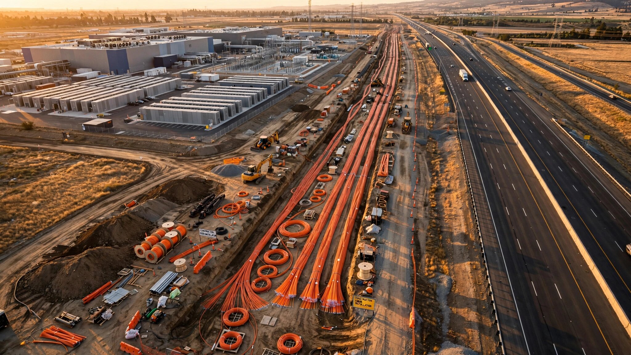 Aerial view of fiber optic cable installation trench alongside highway at golden hour with data center in background