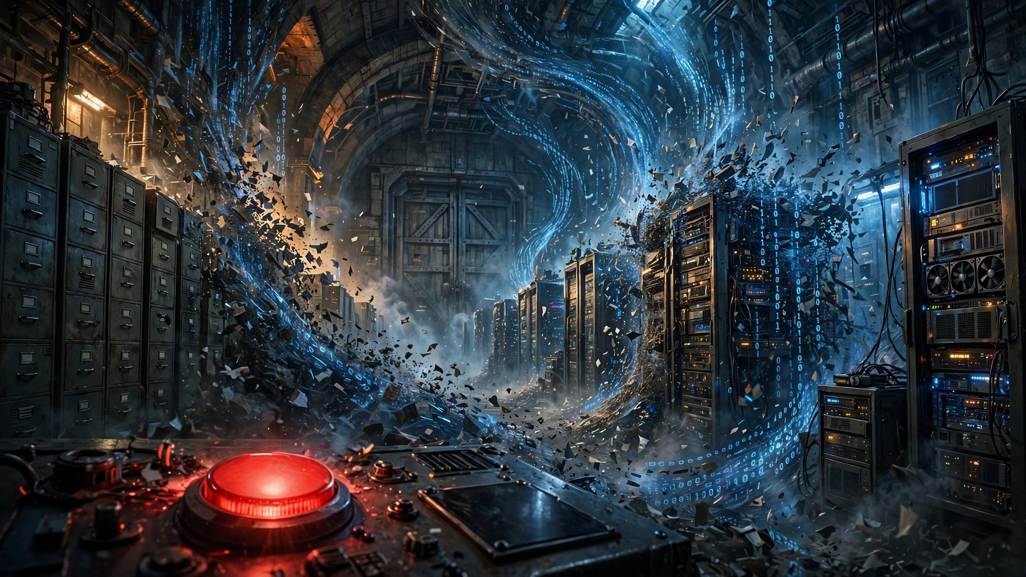 Server vault with filing cabinets dissolving into streams of deleted data particles, a glowing red delete button in the foreground