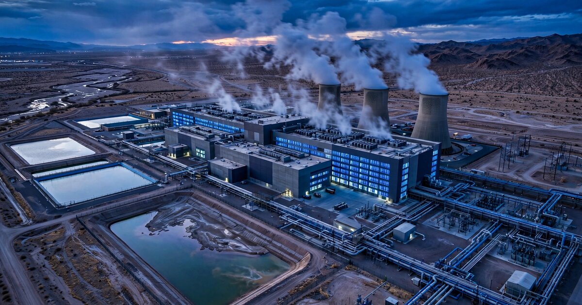 Aerial view of a modern data center facility at twilight with cooling towers releasing steam against a darkening sky, water infrastructure and reservoirs visible in an arid landscape