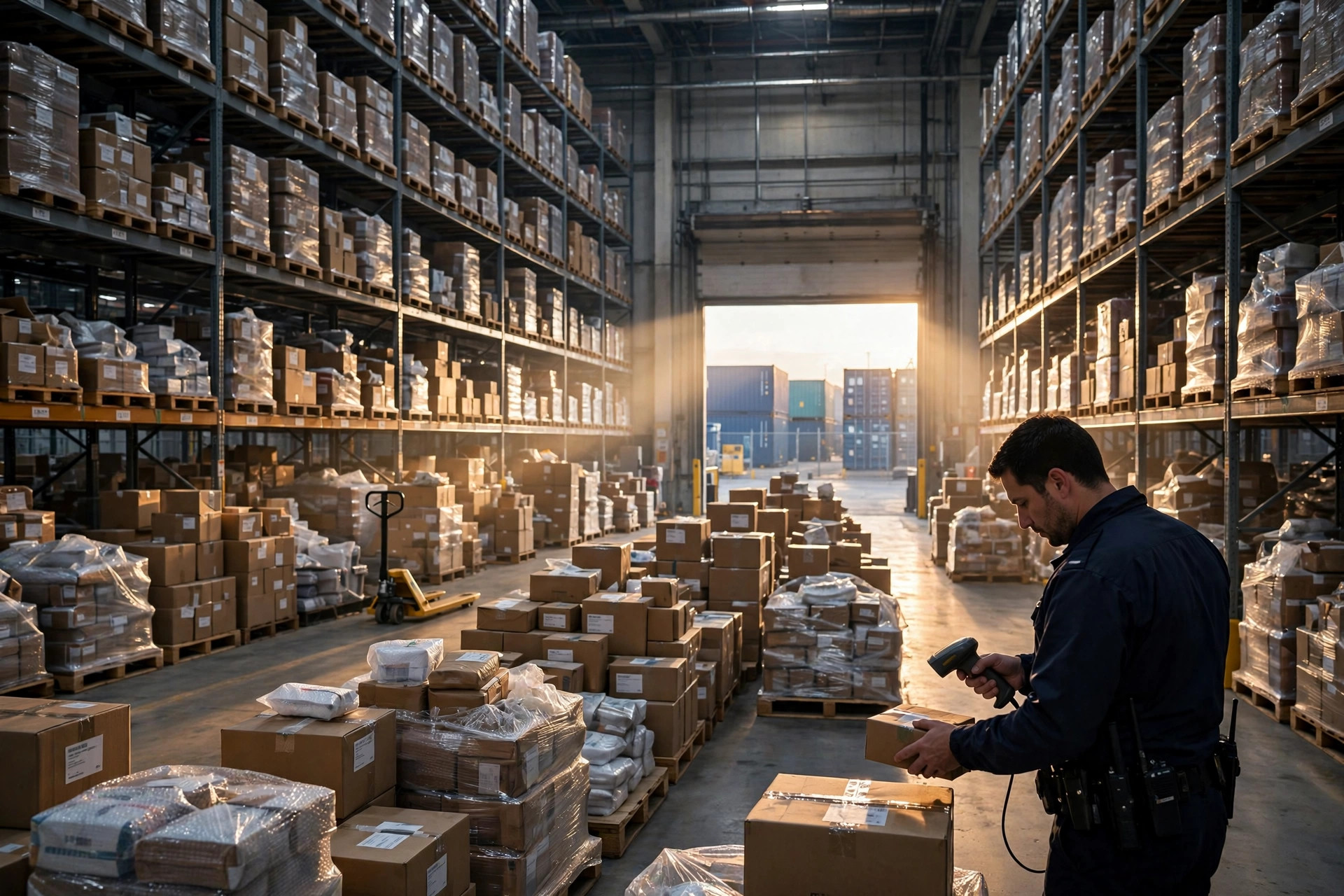 Inside a vast US customs inspection warehouse at dawn, pallets stacked with small e-commerce parcels, an officer scanning packages, shipping containers visible through a loading dock door