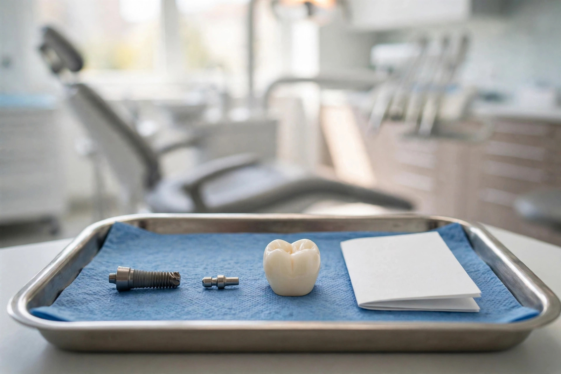 A dental implant model on a dentist's instrument tray: titanium screw post, abutment, and porcelain crown laid out separately beside a printed treatment estimate, dental chair blurred in the background