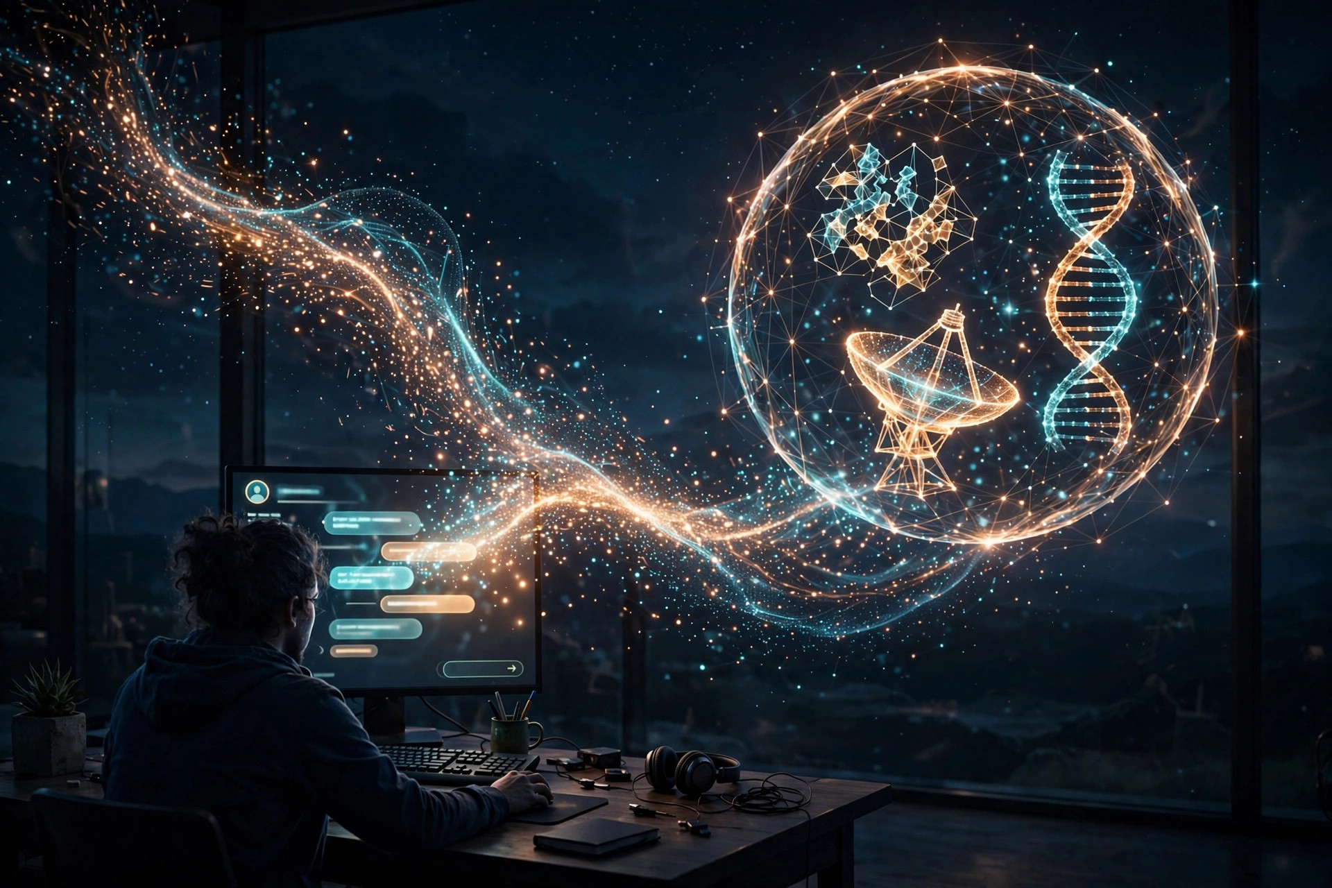 At night, a person works at a glowing desk monitor showing a chat AI interface, while luminous streams of light particles flow from the screen into a globe of scientific icons: a folding protein, a radio telescope, a DNA helix, a starfield