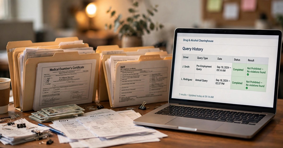 Small trucking fleet office desk with DOT compliance paperwork and laptop showing FMCSA Clearinghouse query results