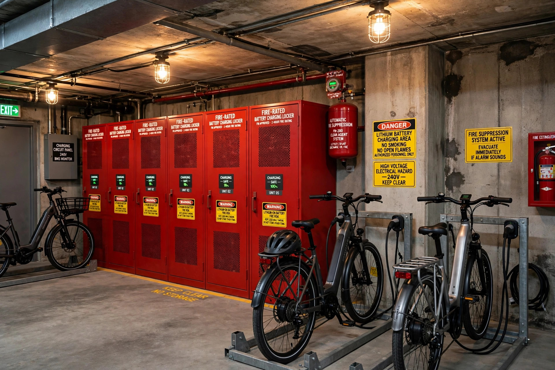 A fire-safe e-bike battery charging room in an apartment building basement: red fire-rated charging lockers, a wall-mounted automatic suppression canister, e-bikes in floor racks, and yellow hazard signage