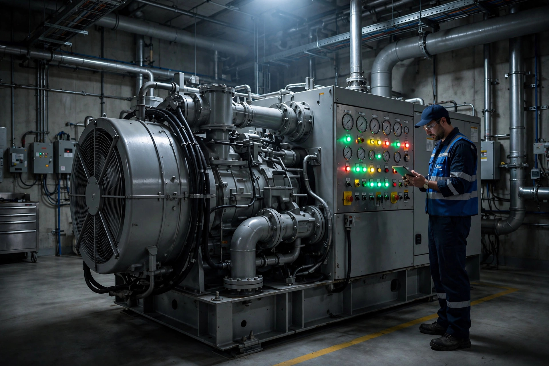 Facilities technician running a monthly load test on a hospital backup diesel generator, holding a tablet showing the NFPA 110 test log next to the control panel