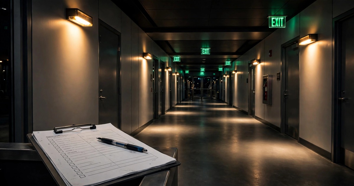 Commercial building hallway with emergency lighting and exit signs during power outage