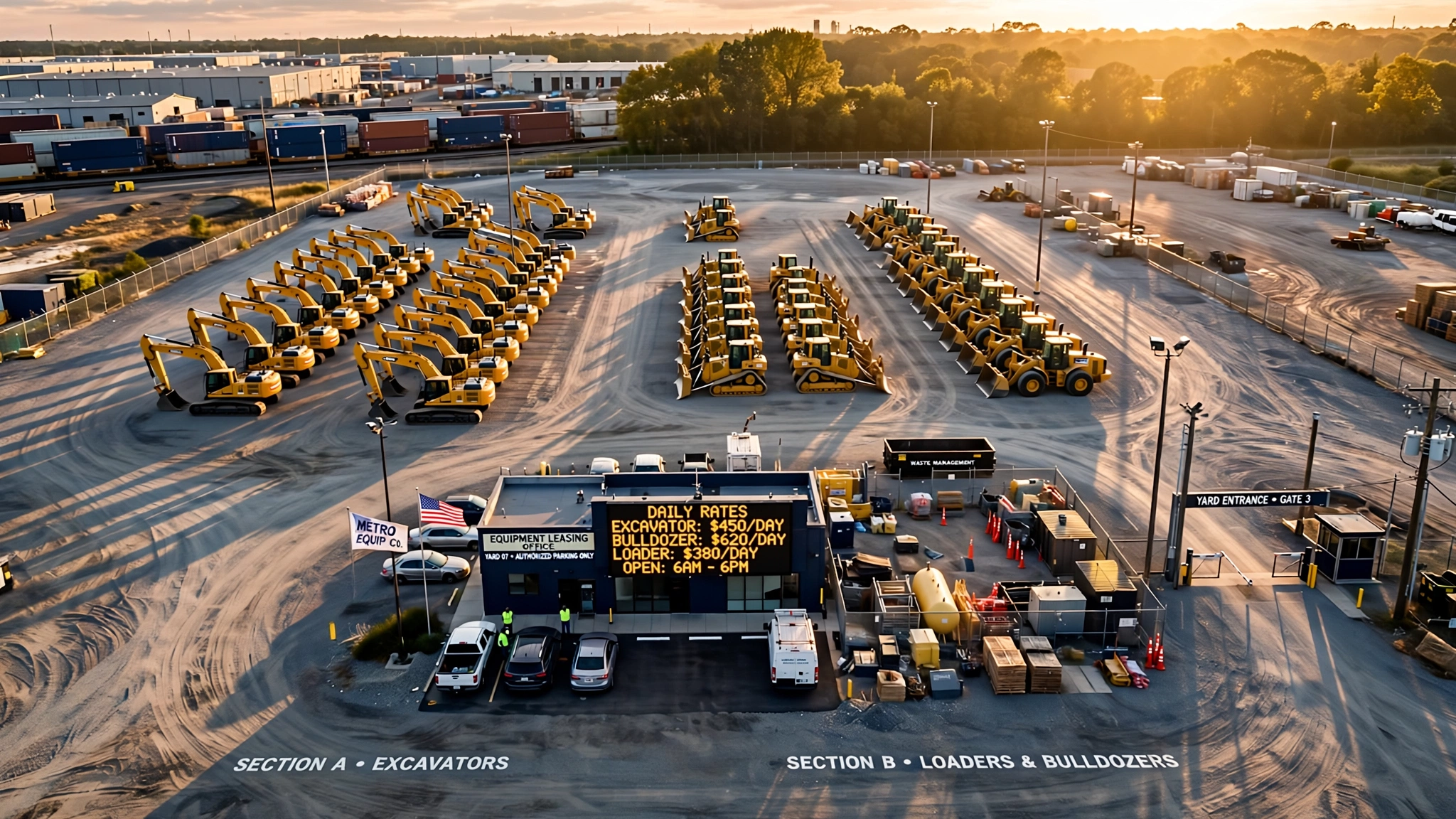 Construction equipment yard at golden hour with rows of excavators and rate display