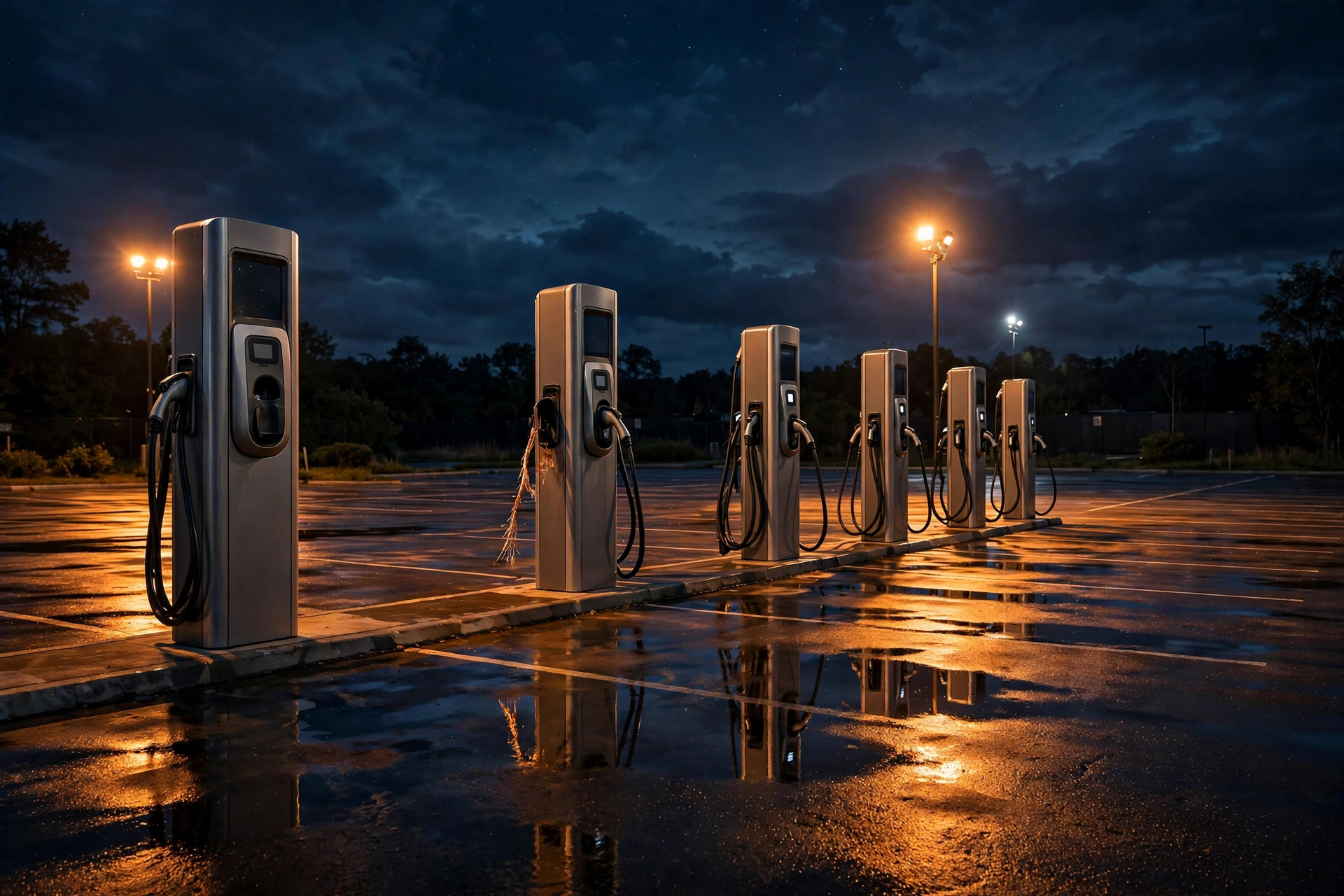 EV fast-charging dispensers in an empty lot at night, one charging cable visibly cut and dangling from its holster
