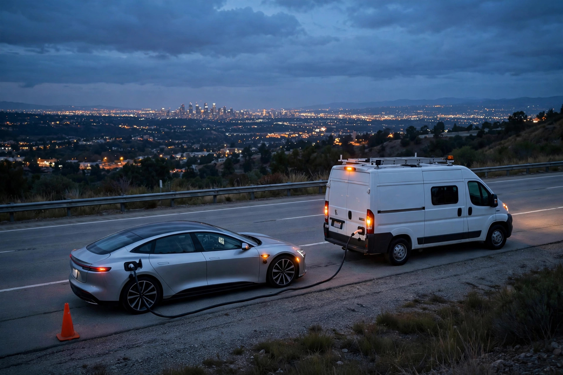 Service van on a highway shoulder at dusk with a charging cable plugged into an electric sedan