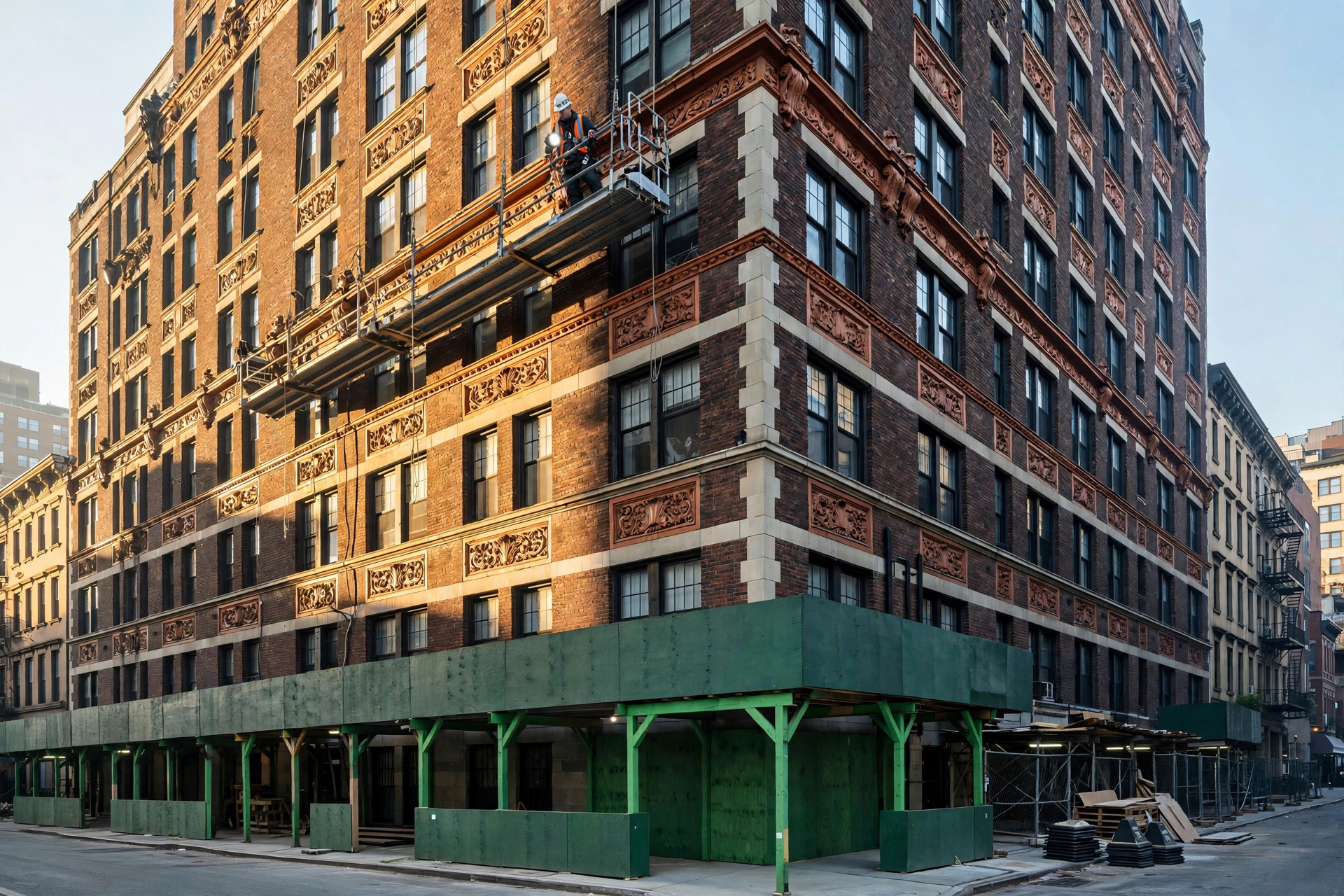 New York City prewar brick and limestone apartment building facade with a suspended swing-stage scaffold rigged along the upper floors, an inspector in a hard hat examining the masonry, and a green sidewalk shed at street level