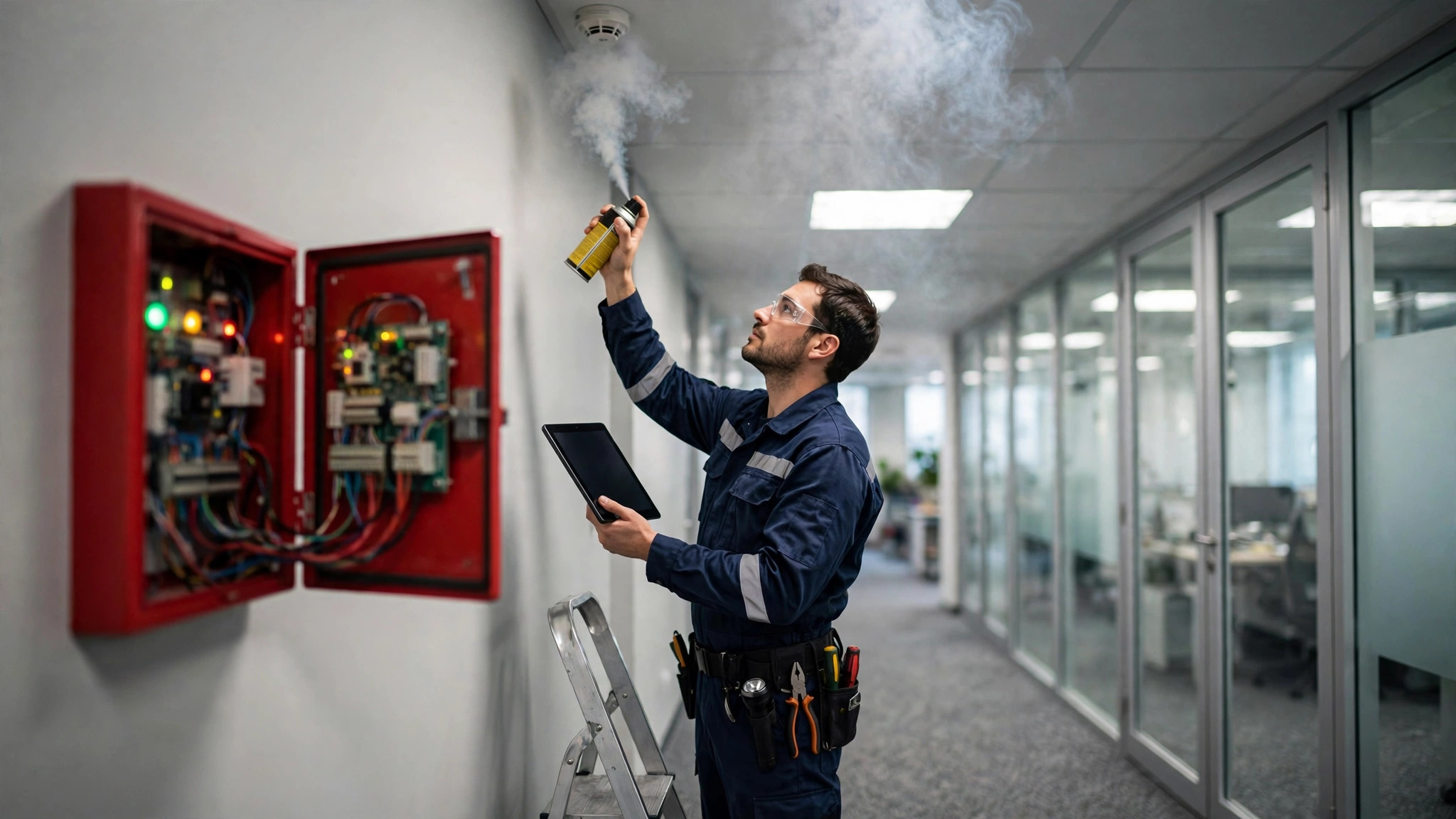 Fire protection technician testing a ceiling smoke detector with a tablet in hand next to an open fire alarm control panel in a commercial hallway