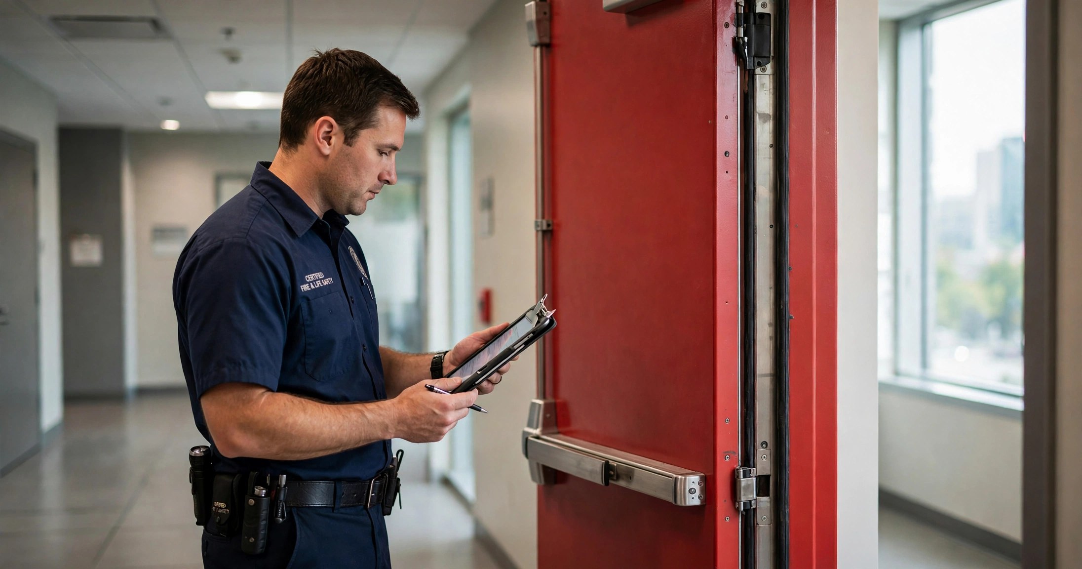 Certified fire door inspector examining a fire-rated metal door with tablet in commercial hallway