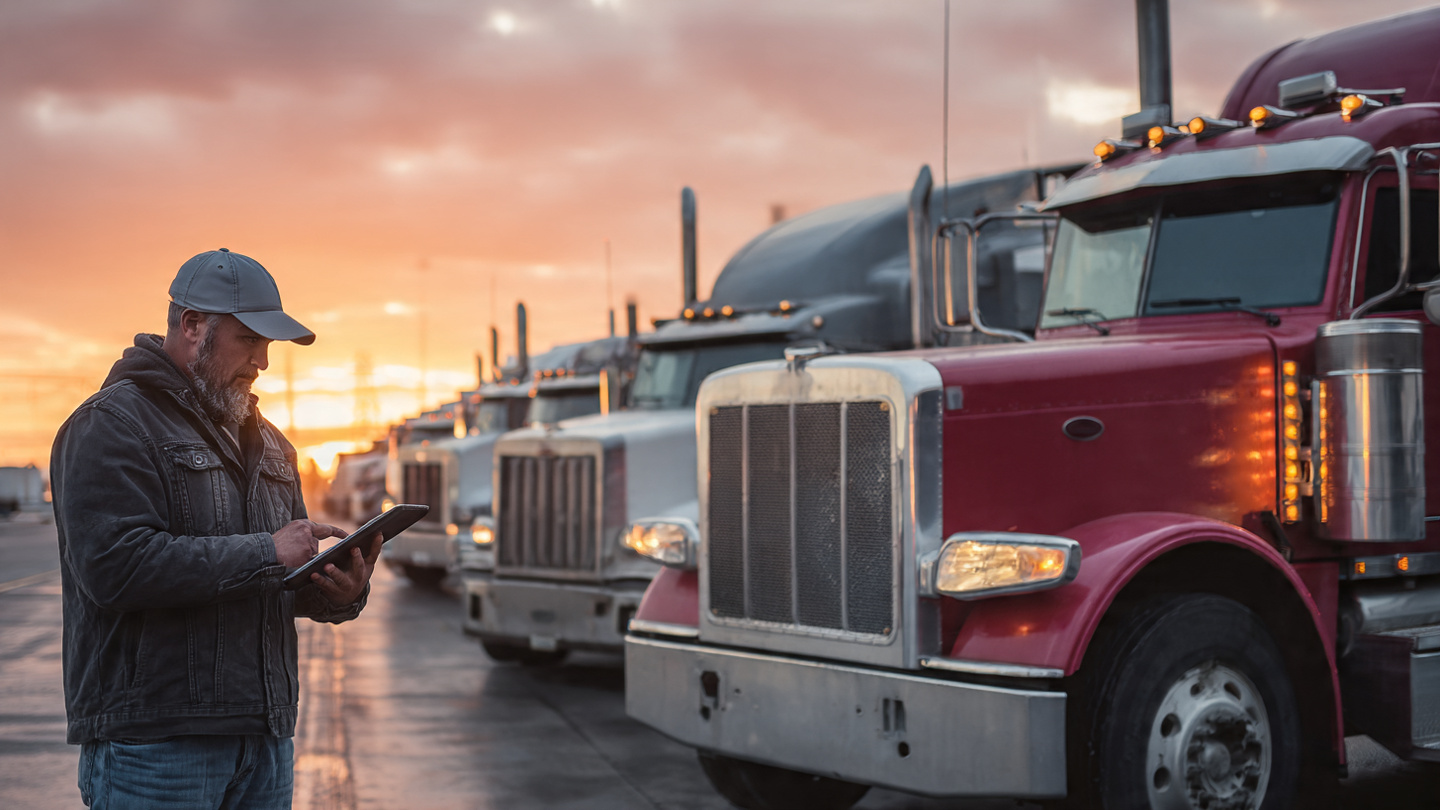 Small trucking fleet at dawn