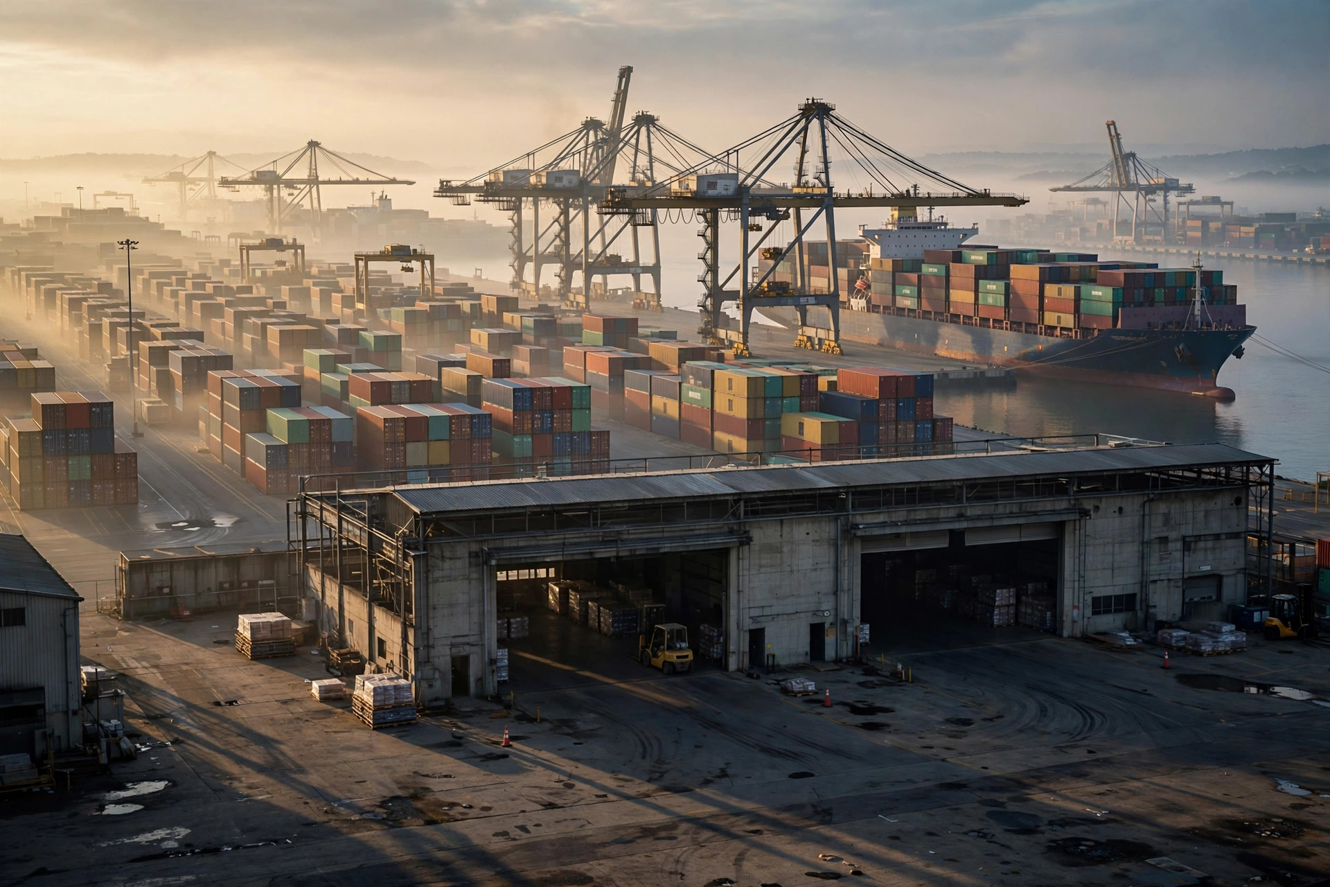 A container port at dawn with gantry cranes and stacked shipping containers, a customs-bonded warehouse with open loading doors in the foreground