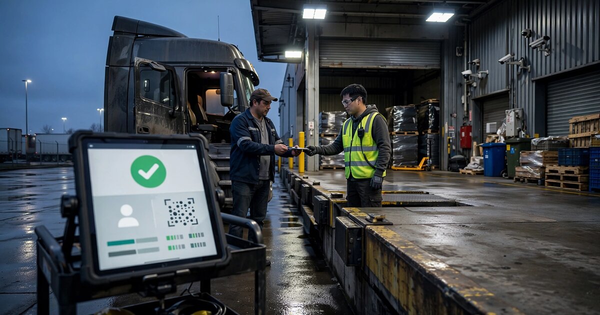Freight loading dock at dusk with digital identity verification on a tablet