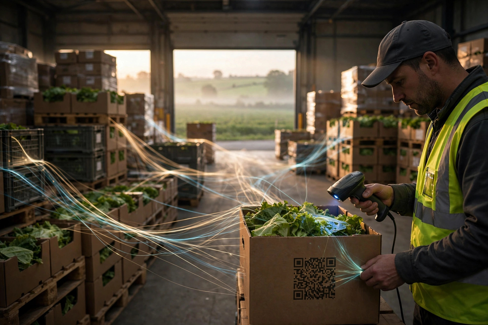 At dawn in a fresh-food distribution warehouse, a worker in a hi-vis vest scans a 2D barcode on a case of leafy greens while glowing traceability threads run from the case back through stacked pallets toward farm fields visible through the dock doors