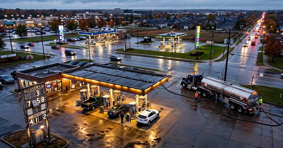 Independent gas station at dusk with fuel delivery tanker and competing price signs visible in the distance