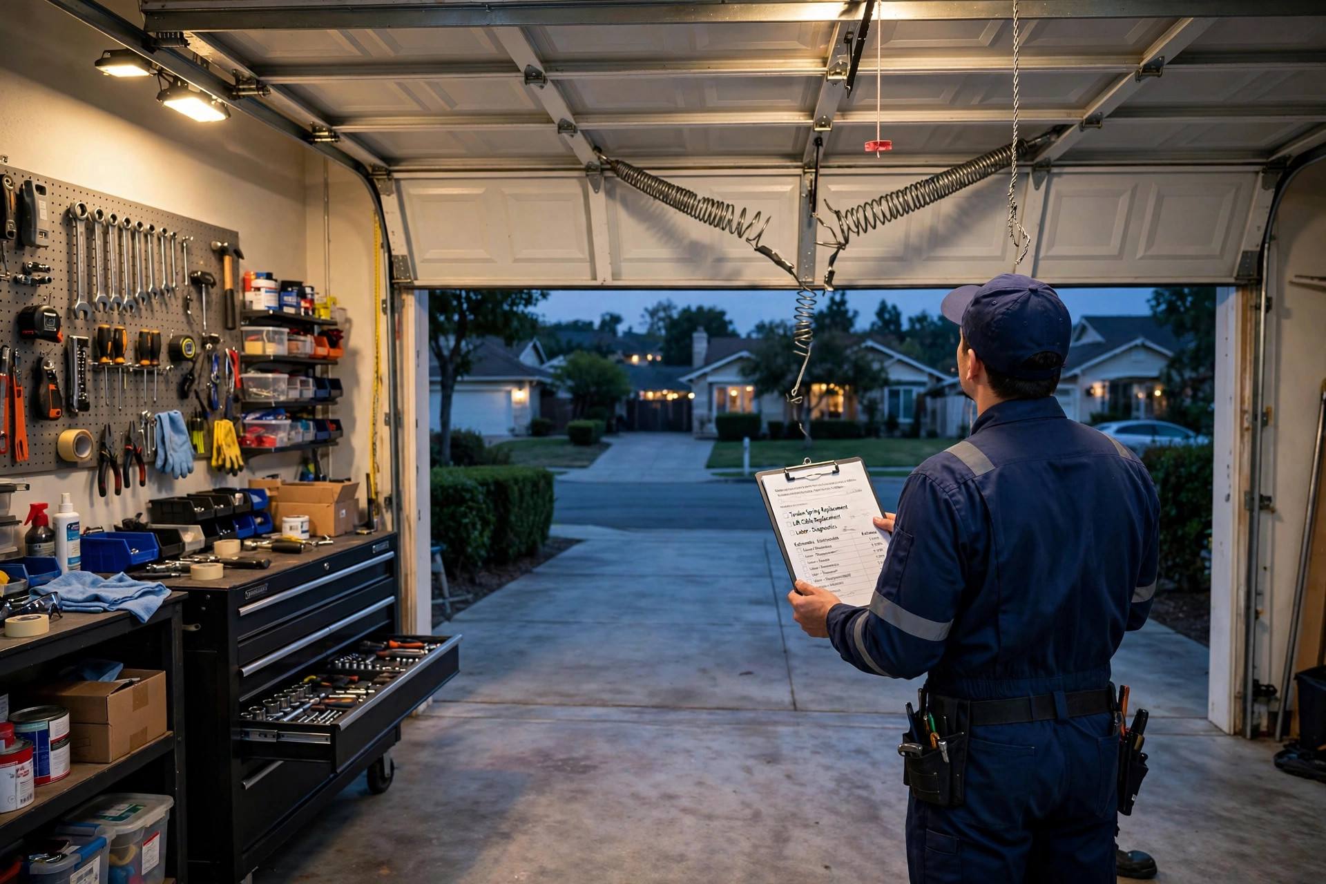 Garage door technician in navy uniform holding an itemized quote clipboard, examining a snapped torsion spring on a half-open sectional door at dusk