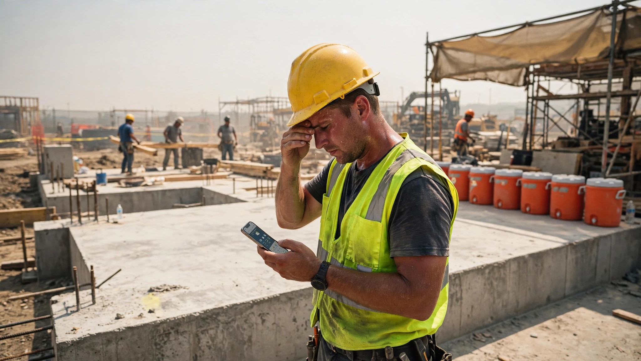 Construction foreman in hard hat checking phone in blazing heat on a job site, water coolers and shade structure visible in background