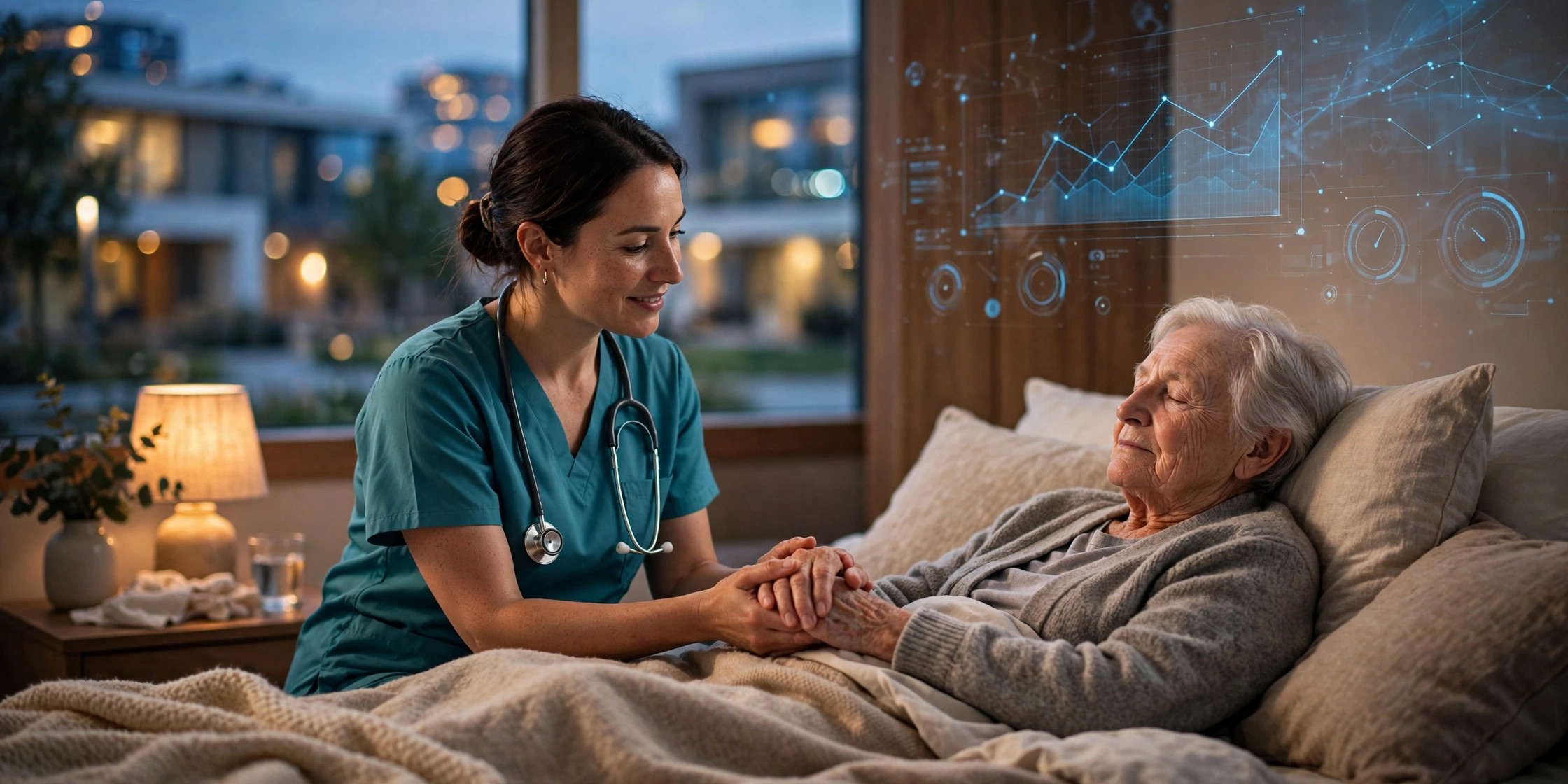 Hospice nurse holding an elderly patient's hand in a warmly lit bedroom at dusk, with a faint blue analytics dashboard overlay suggesting quality monitoring