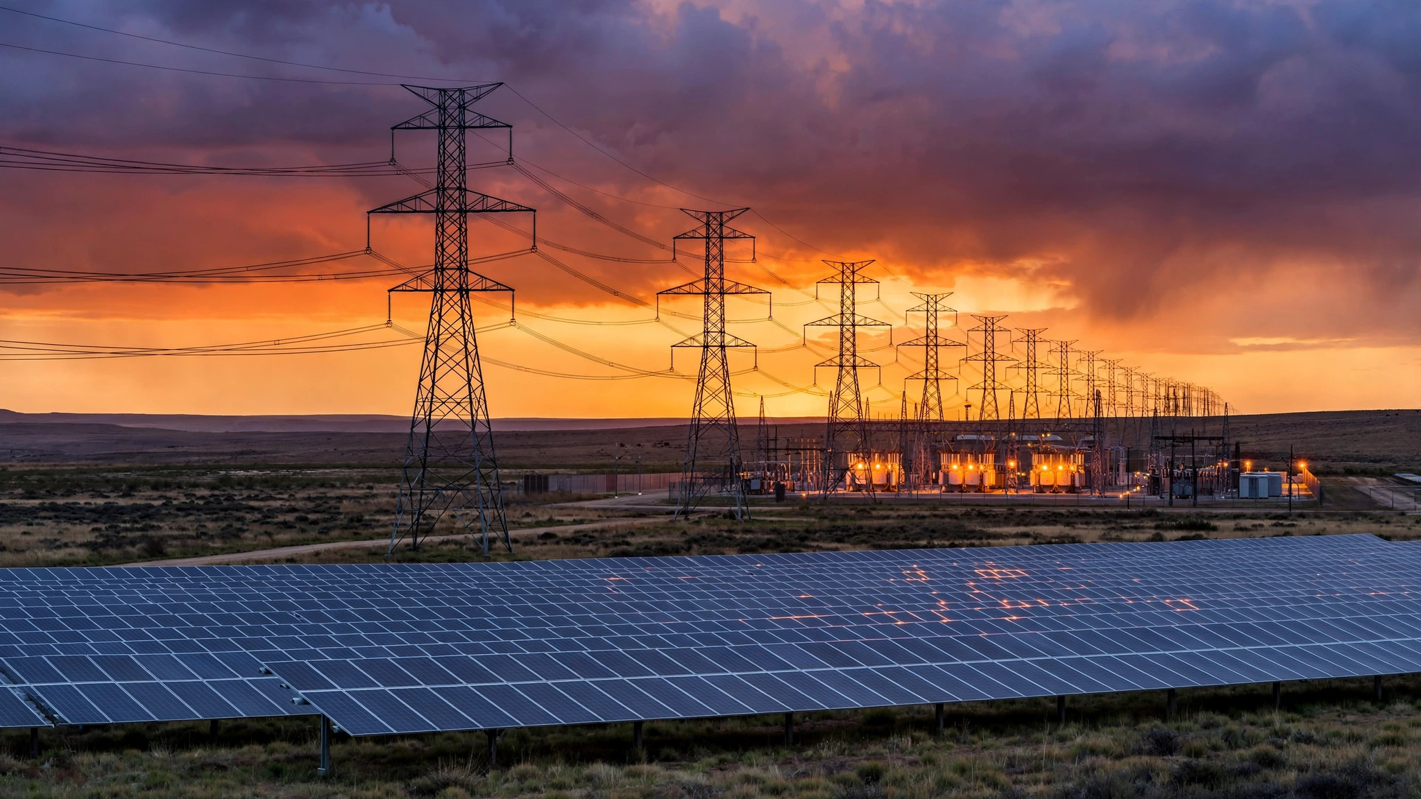 High-voltage transmission towers marching toward a substation at dusk, with a utility-scale solar array in the foreground