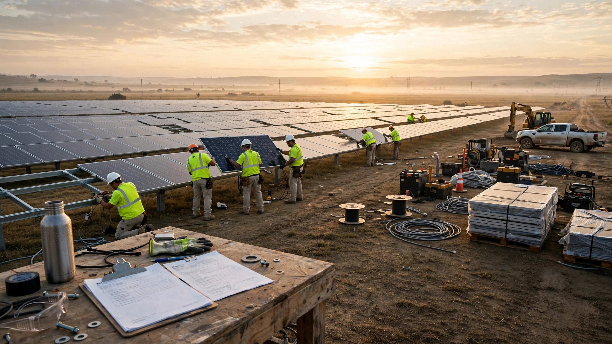 Utility-scale solar farm under construction at dawn with workers in hard hats and safety vests installing panels across a wide open field