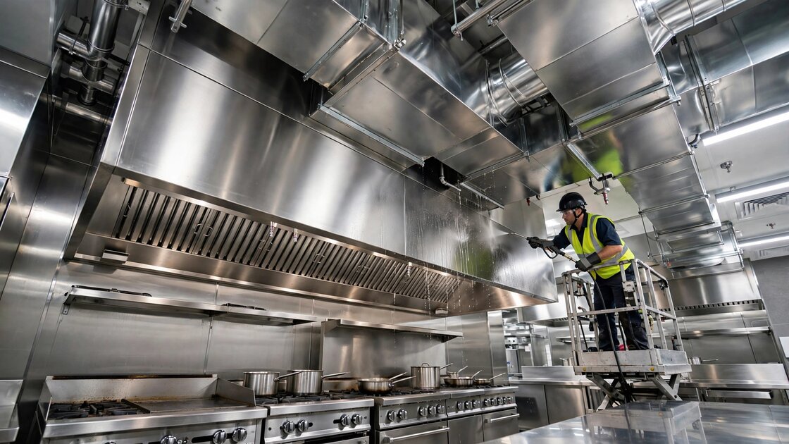 Commercial kitchen exhaust hood system being professionally cleaned, with stainless steel ductwork and professional cleaning equipment visible