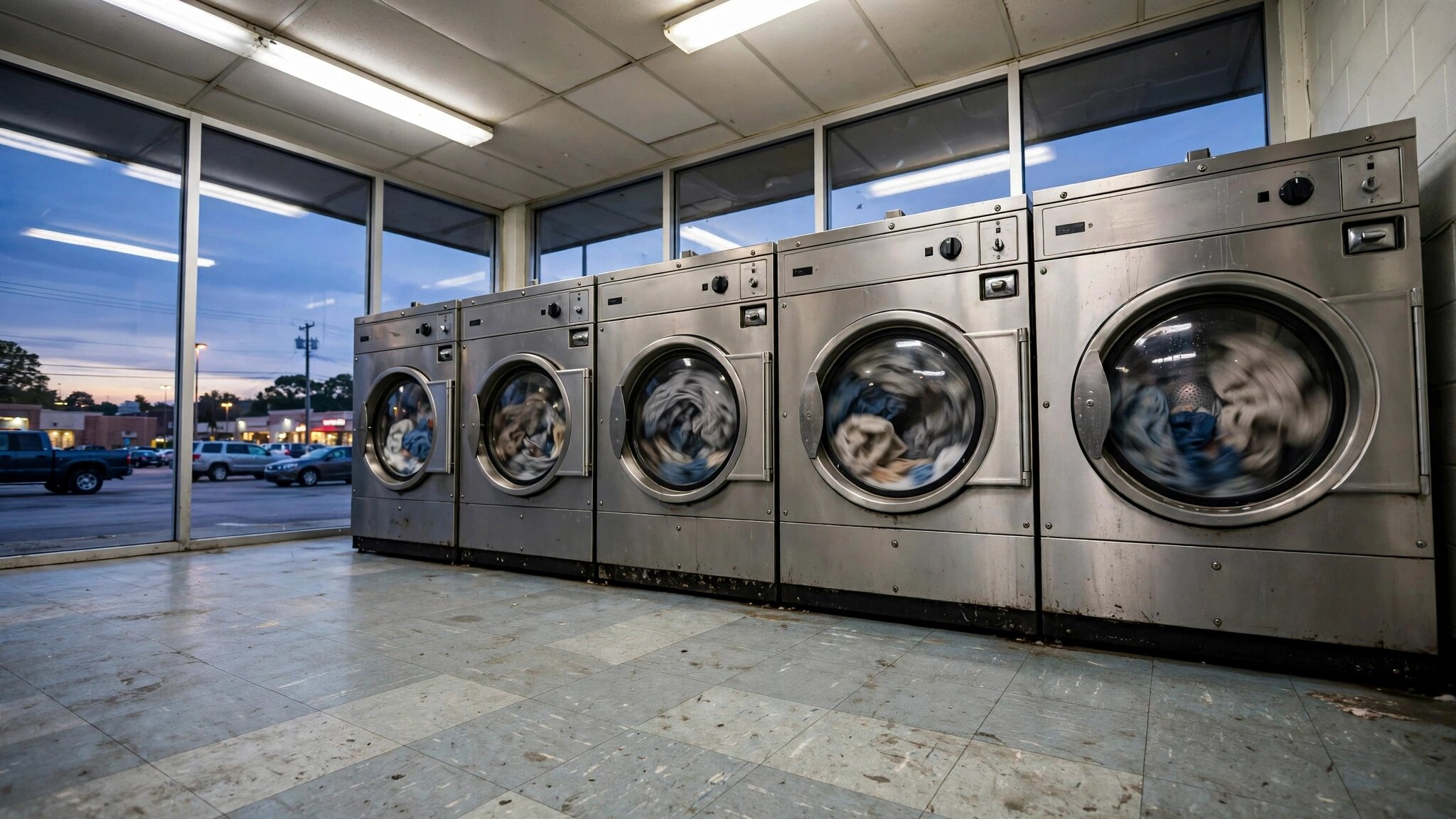 Row of industrial front-loading commercial washing machines in a laundromat with fluorescent lighting and vinyl tile floor, strip mall parking lot visible through plate glass windows at dusk