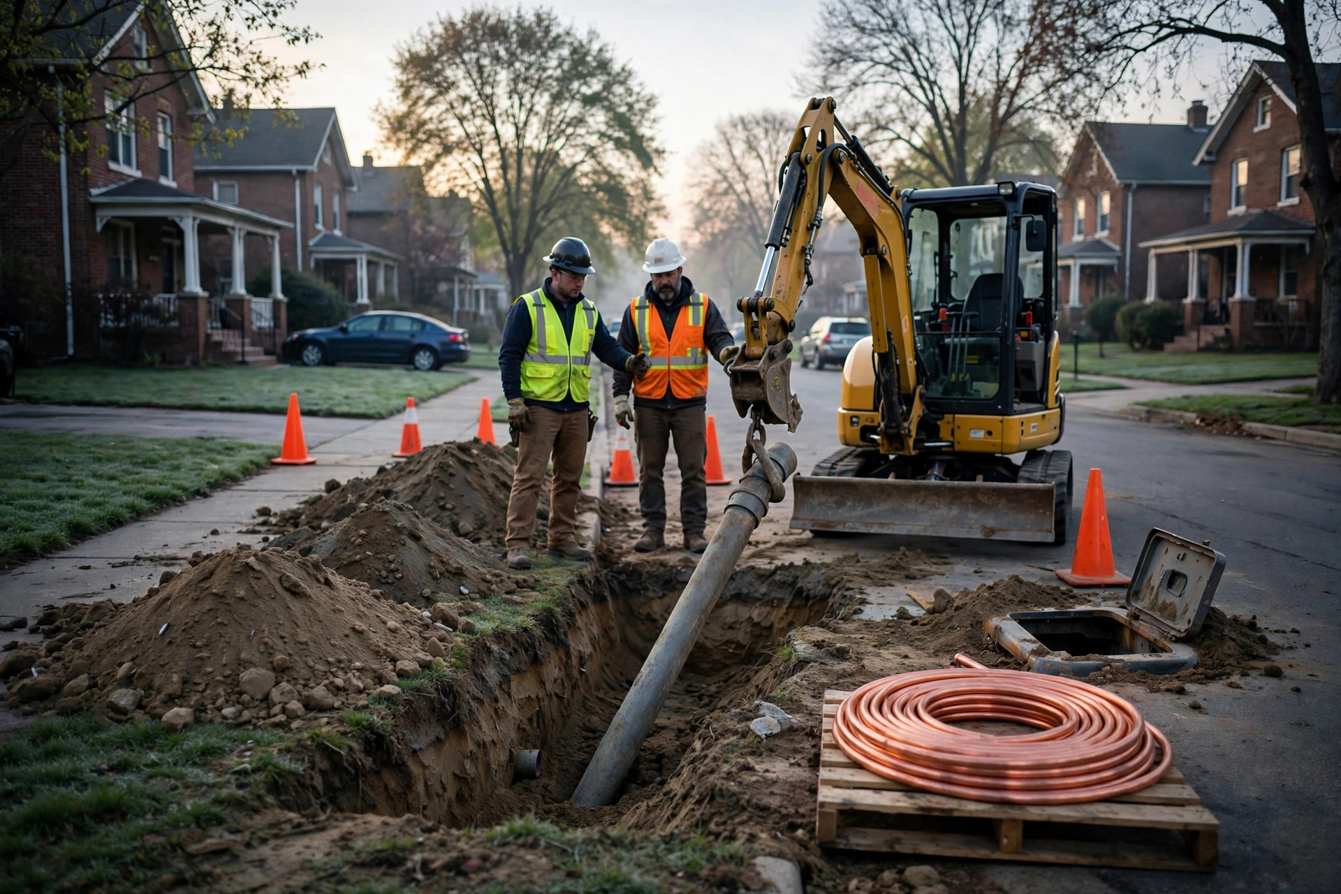 A mini excavator lifts an old lead water service pipe from a trench on a residential street at dawn while two utility workers guide the work and a coil of new copper pipe waits on a pallet