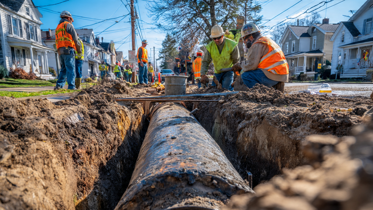 Utility crew excavating a residential street to expose and replace lead water service lines, with new copper pipe visible alongside old lead pipe in the trench