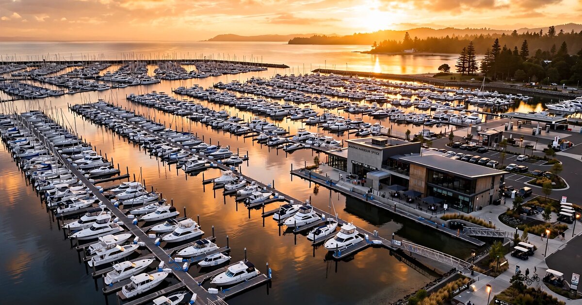 Aerial view of marina at golden hour with rows of boats in organized slips