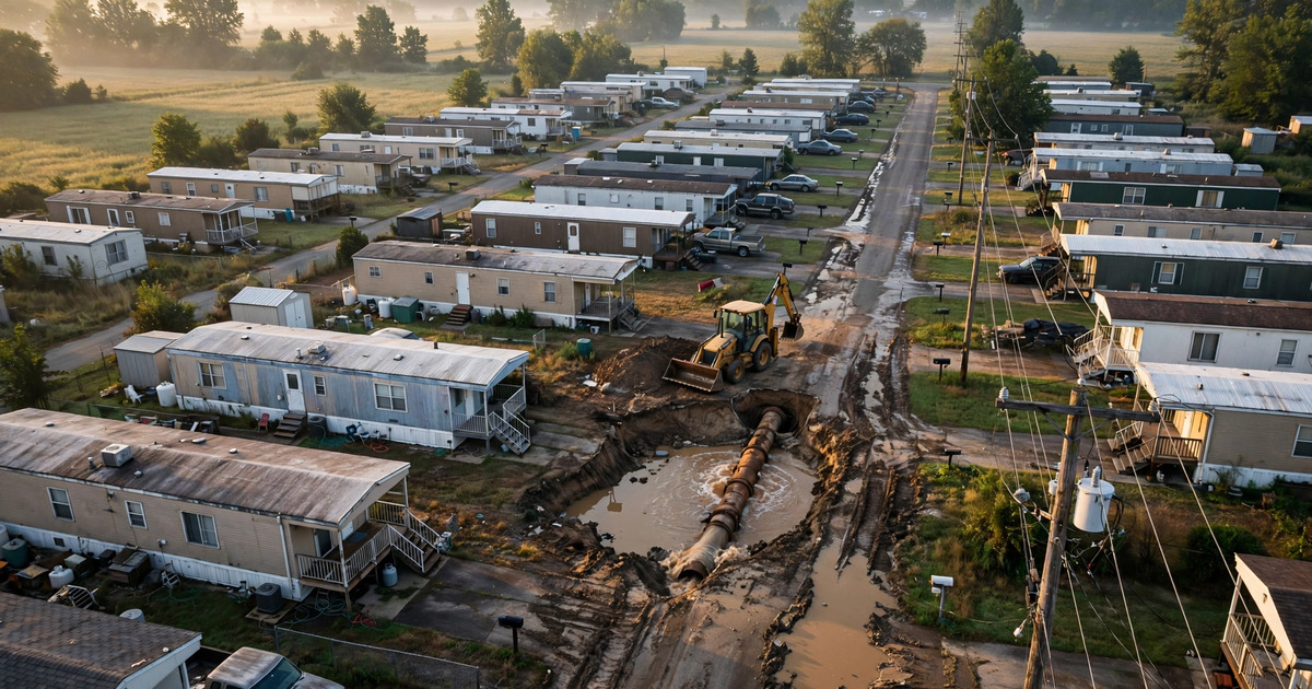 Aerial view of manufactured housing community with backhoe excavating aging water pipe infrastructure