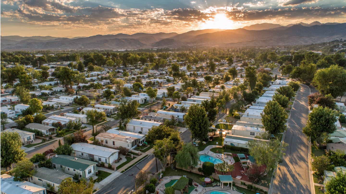 Aerial view of manufactured housing community at golden hour