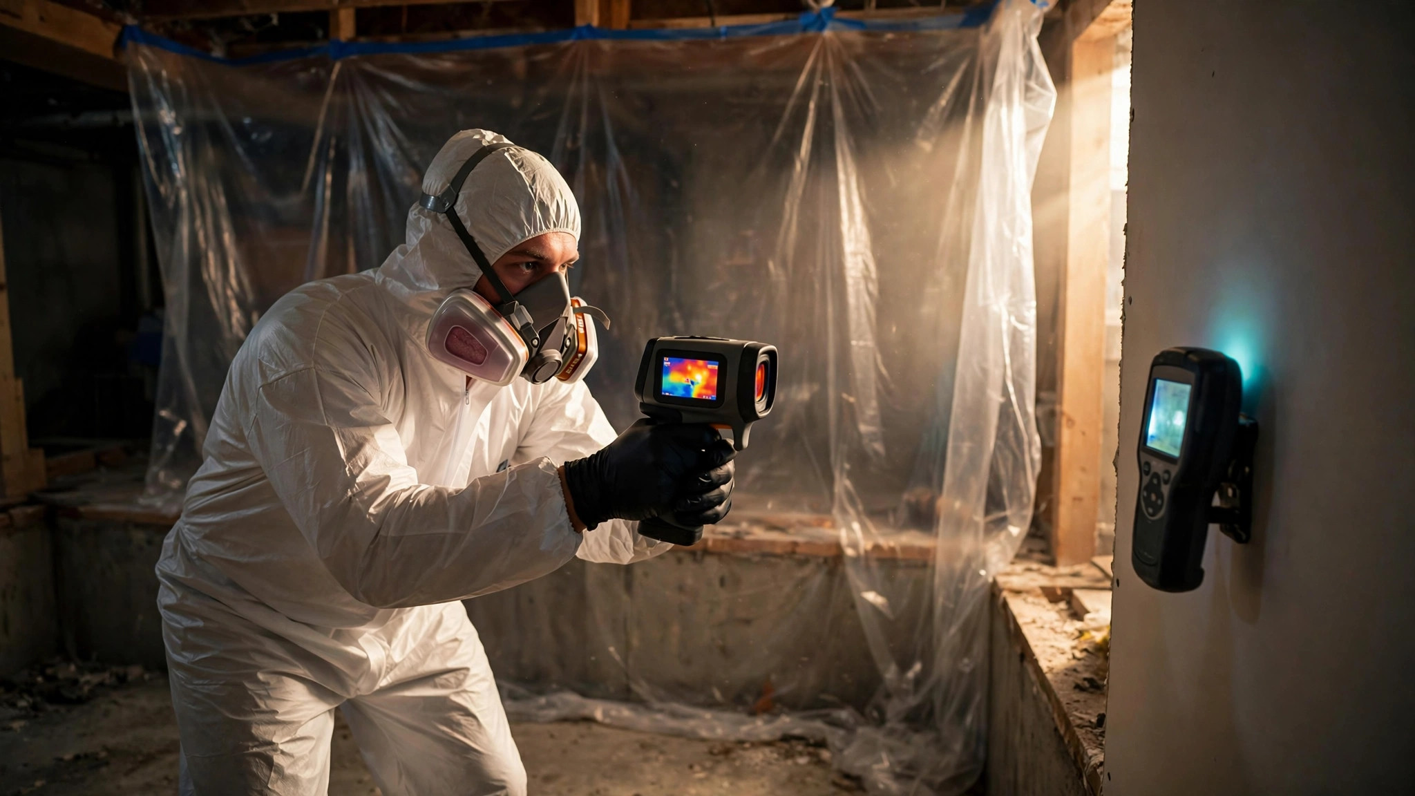 A licensed mold assessor in protective gear scanning a residential basement wall with a thermal imaging camera, plastic containment sheeting visible behind, a moisture meter pressed to the drywall