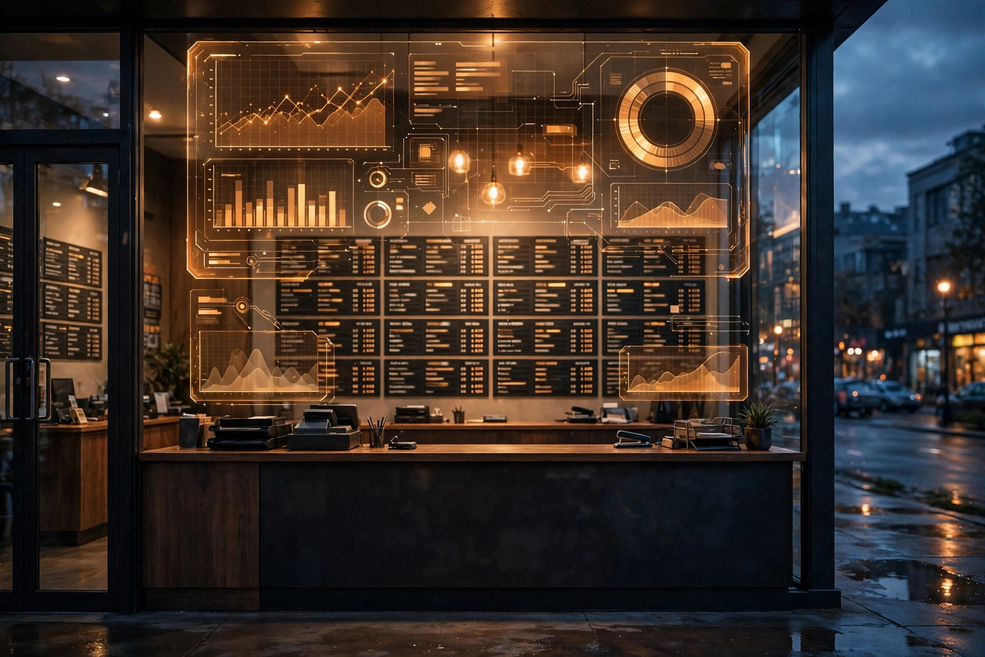 A check-cashing and money-transfer storefront at dusk, its windows glowing, with a translucent amber compliance dashboard overlay showing transaction-monitoring charts