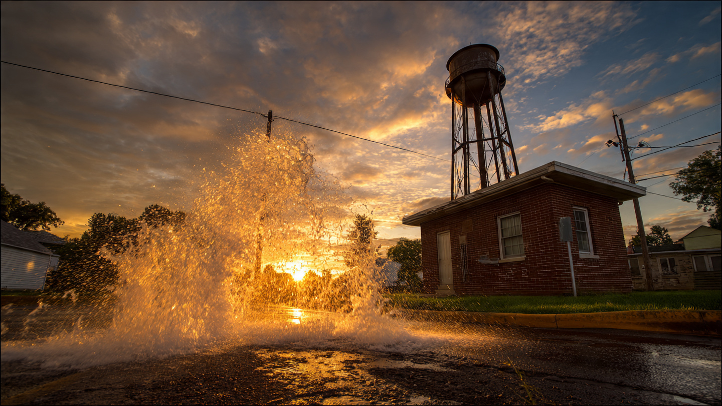 A weathered water tower and pump station at dawn with a leaking water main in the foreground