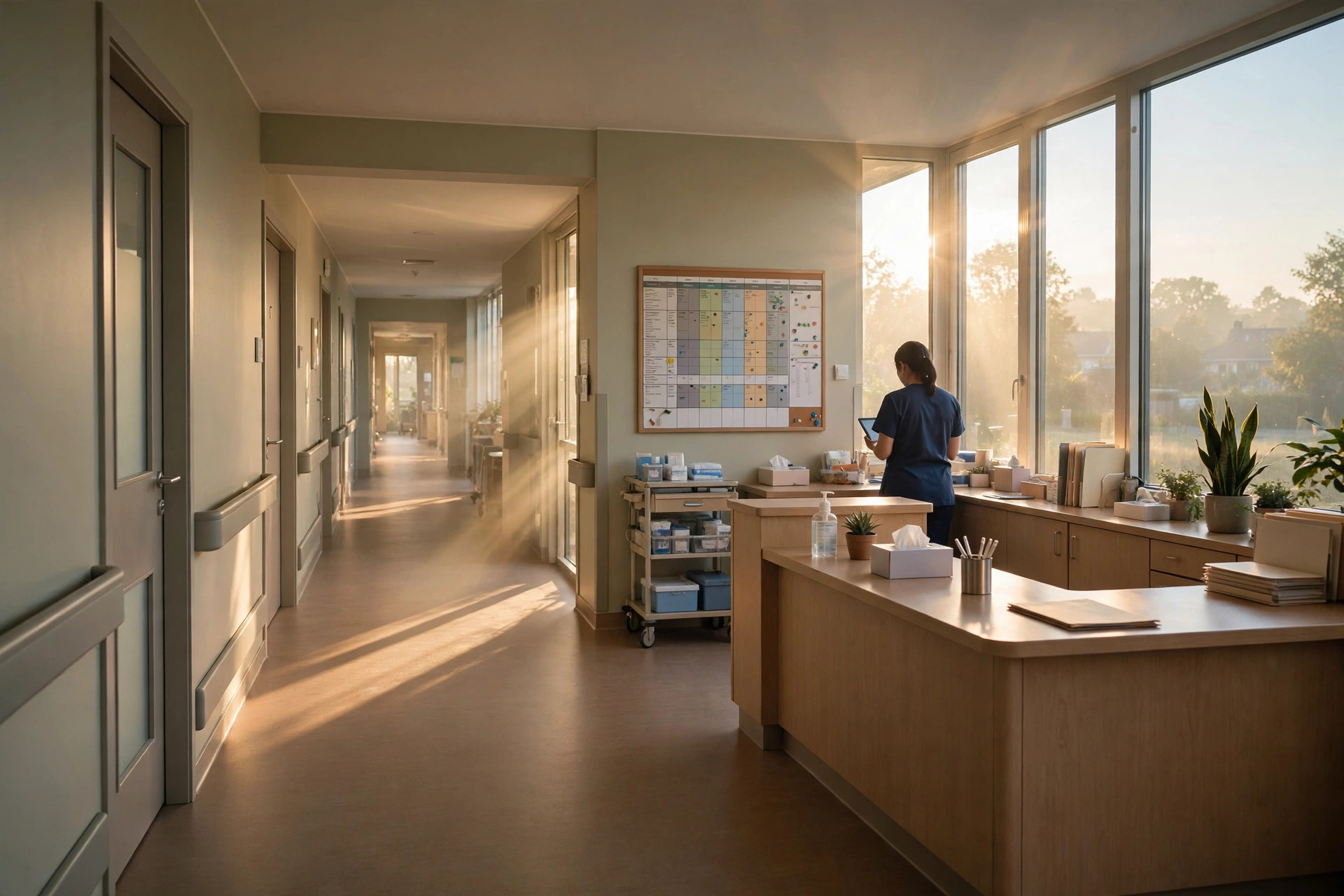 A nursing home corridor at dawn with warm window light, a nurse reviewing a tablet at the nursing station, and a staffing schedule board on the wall