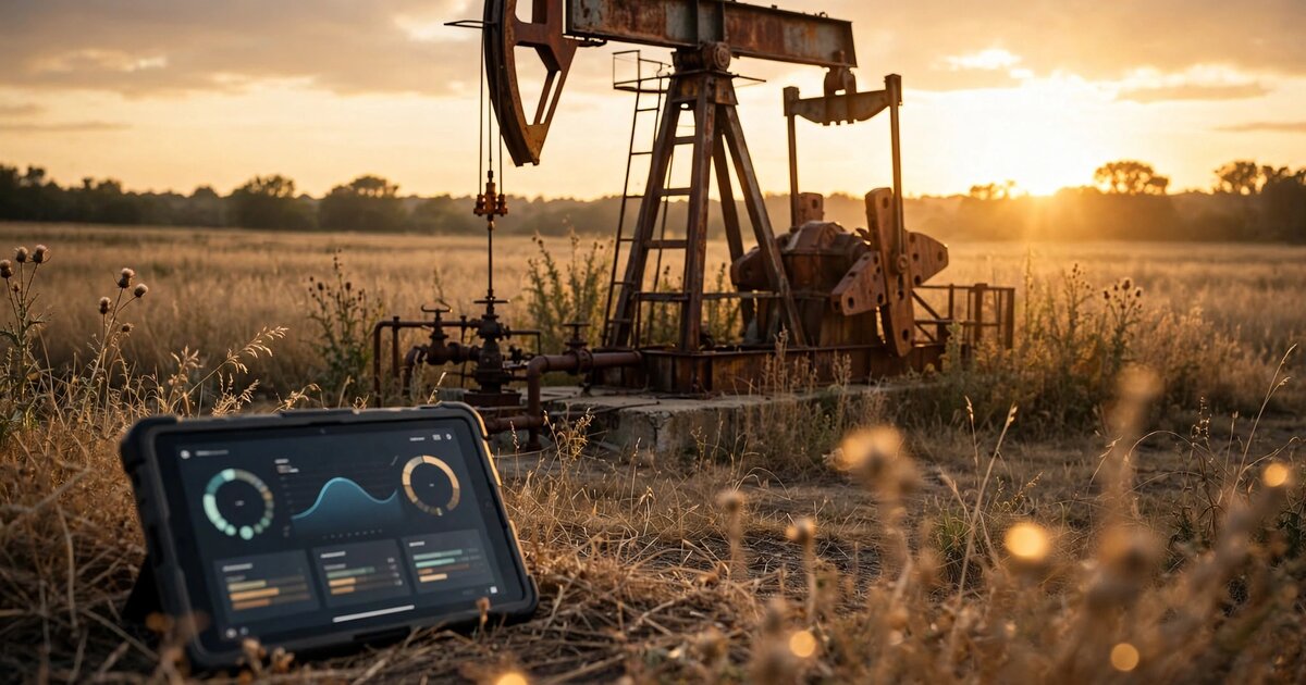 Abandoned oil well pump jack in rural field with digital tablet showing compliance dashboard