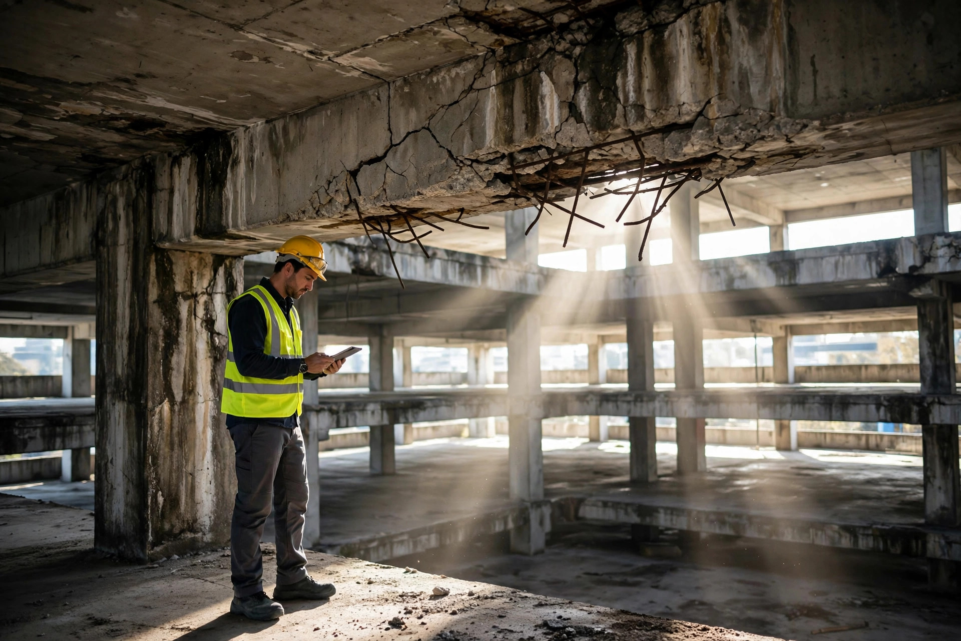 Structural engineer in a hard hat inspecting a concrete parking garage deck with a tablet, cracked beams and exposed rebar visible