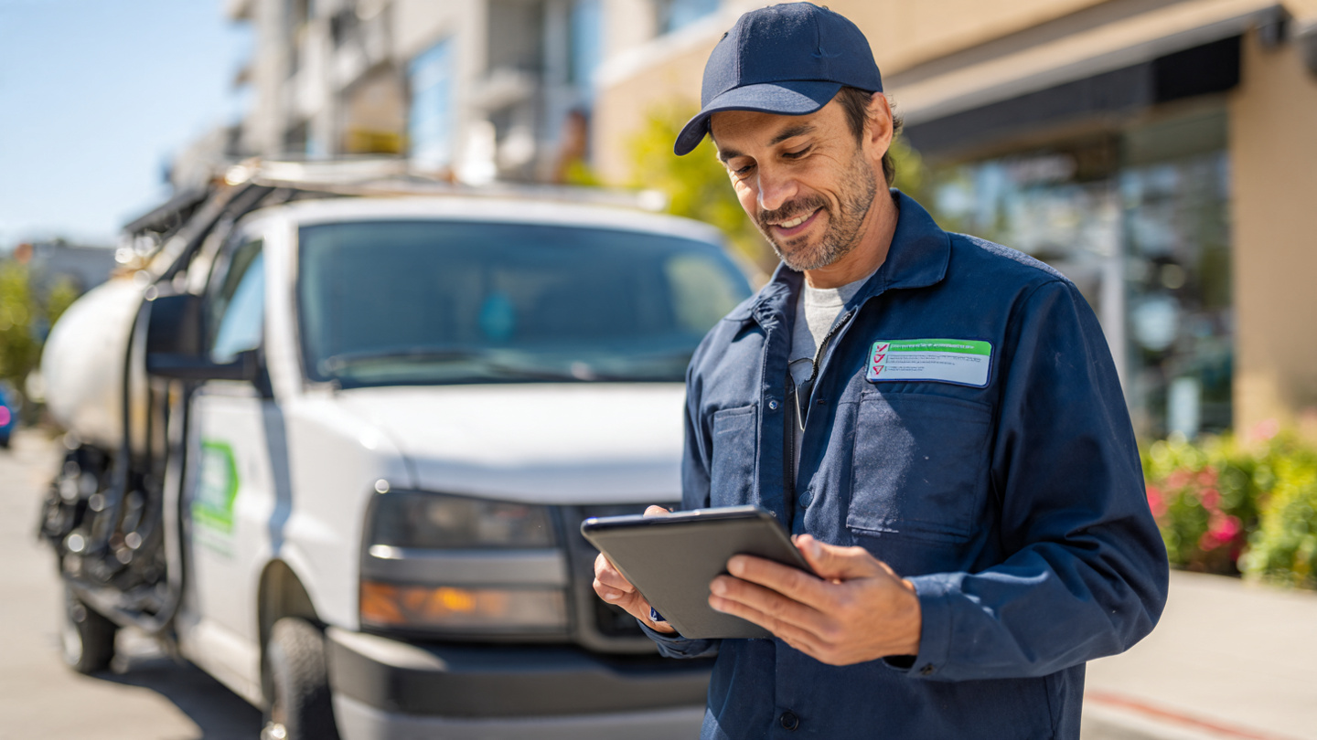 Pest control technician in uniform reviewing a digital tablet next to a service truck with chemical spray equipment