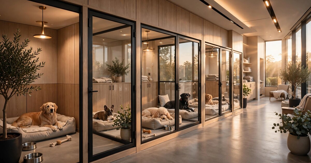 Modern pet boarding facility interior with individual luxury kennel suites illuminated by warm golden light