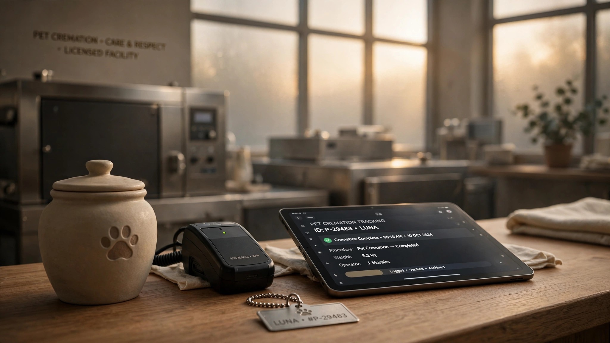 Modern pet cremation facility interior with identification tracking equipment and ceramic urn at dawn