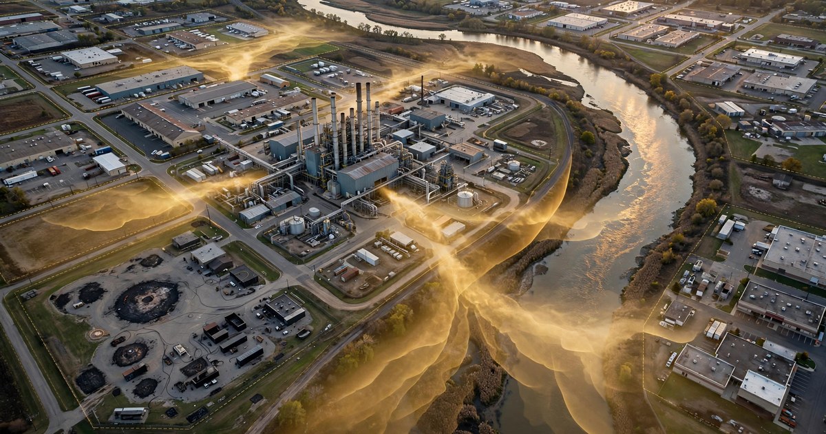 Aerial view of an industrial corridor at dusk, warehouses and a metal-finishing plant beside a winding river, with a translucent amber overlay suggesting contamination plumes spreading beneath the property lines