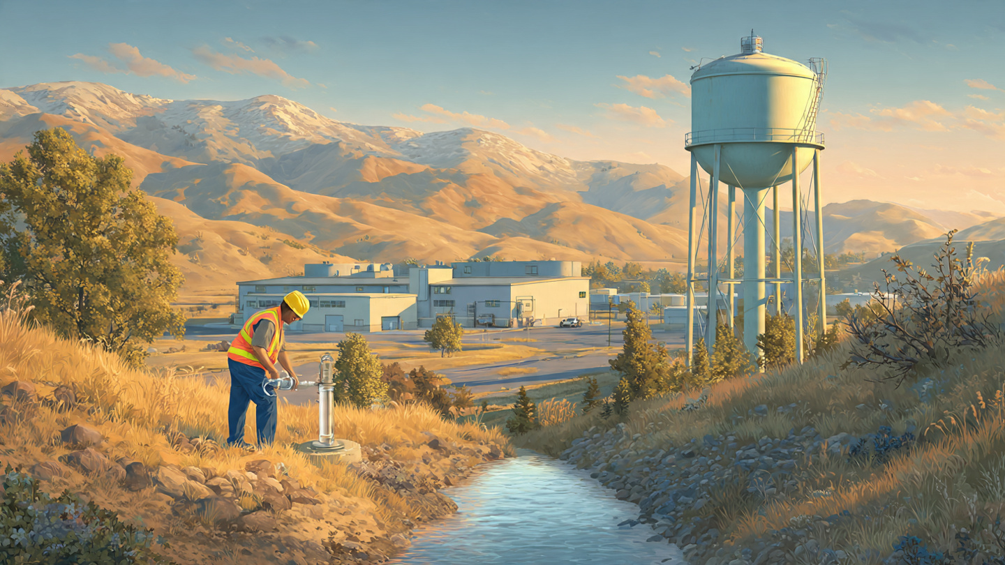 Water utility technician collecting a sample at a small-town treatment facility with a water tower in the background