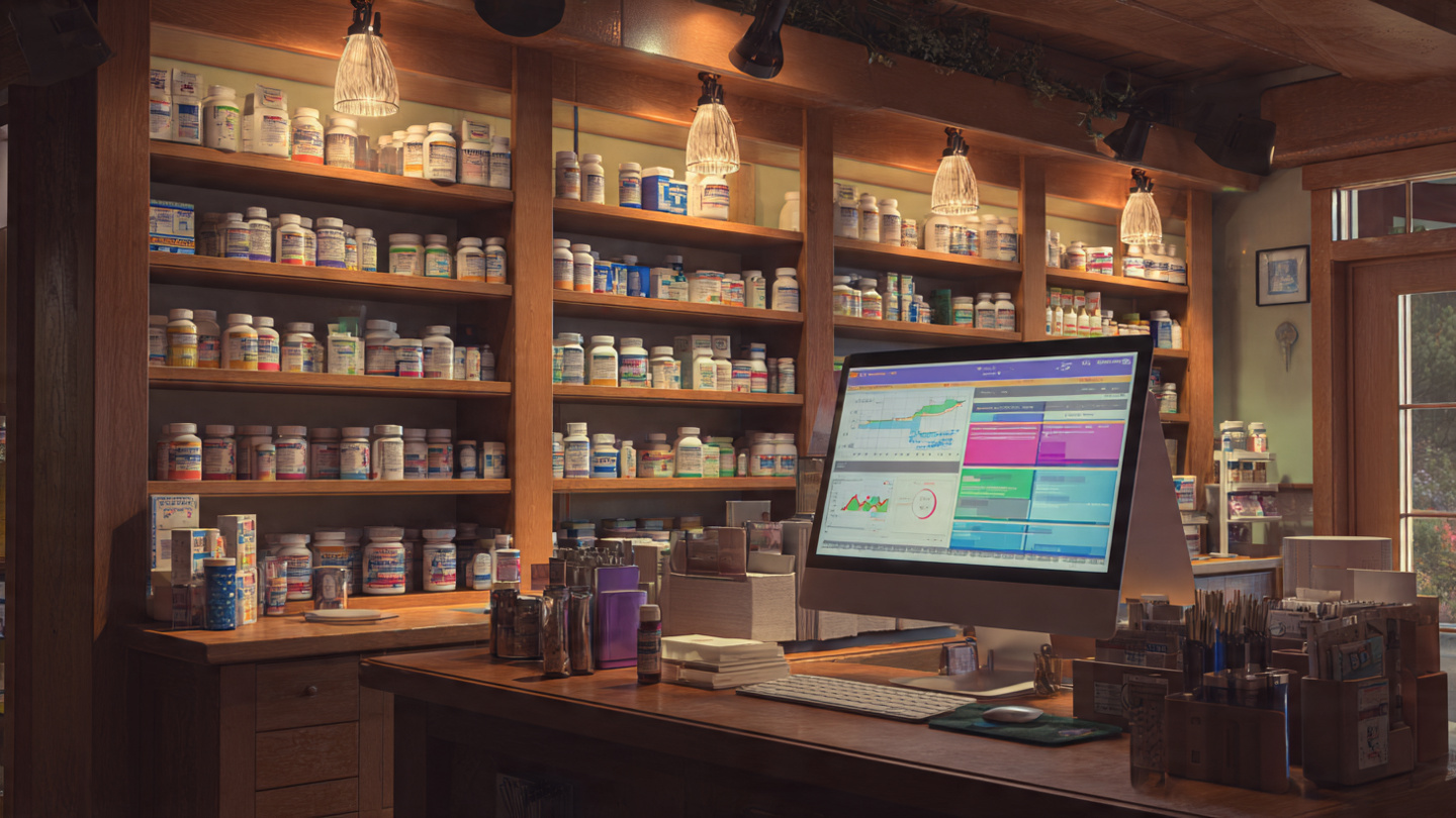 Independent pharmacy counter with prescription bottles and a computer screen showing financial data