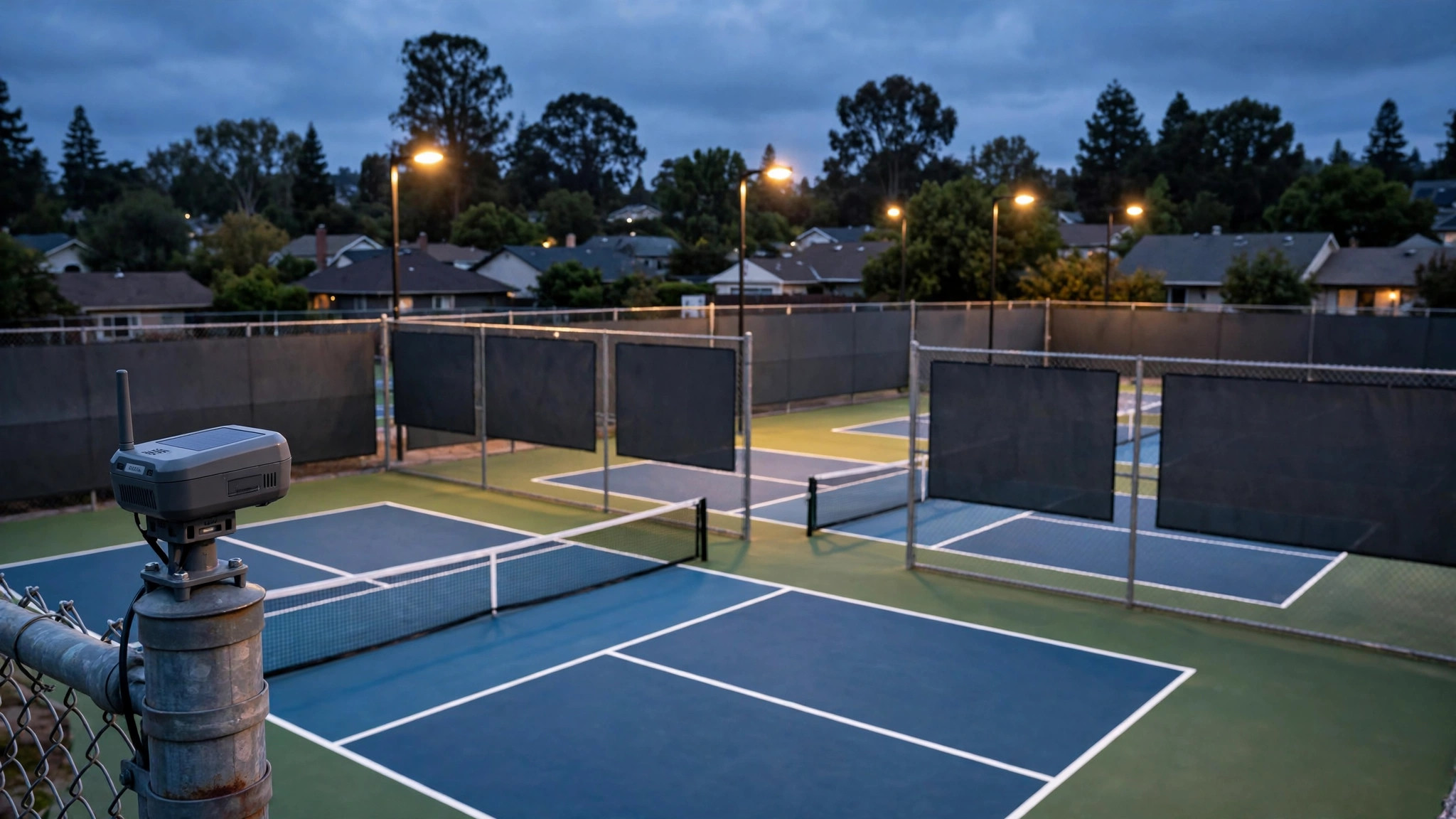 Outdoor pickleball courts at dusk with acoustic barrier panels mounted on the surrounding fence, residential rooftops visible just beyond the tree line