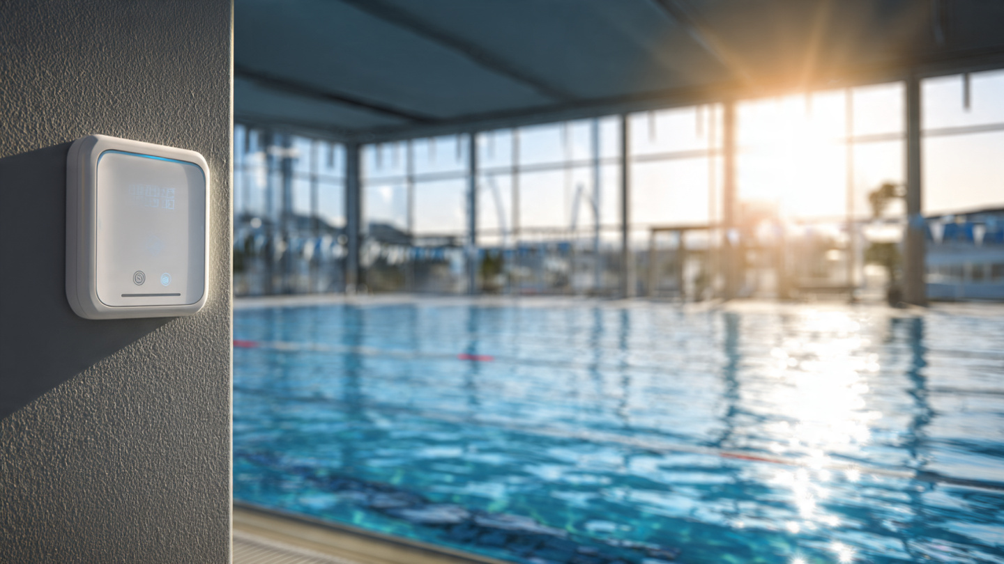 Commercial indoor swimming pool at a fitness facility with IoT monitoring sensors mounted on the filtration equipment panel