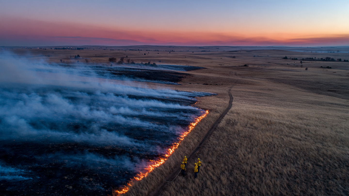 Aerial view of a controlled prescribed burn on Great Plains grassland with firefighters along a firebreak at golden hour