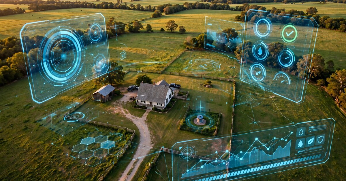 Aerial view of rural property with wellhead and digital data overlay showing water quality compliance indicators